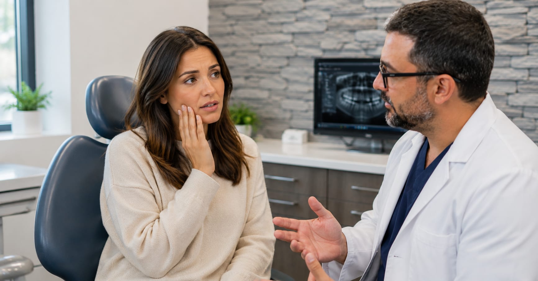 Discussing a tooth injury at Lawrence Park Dentistry