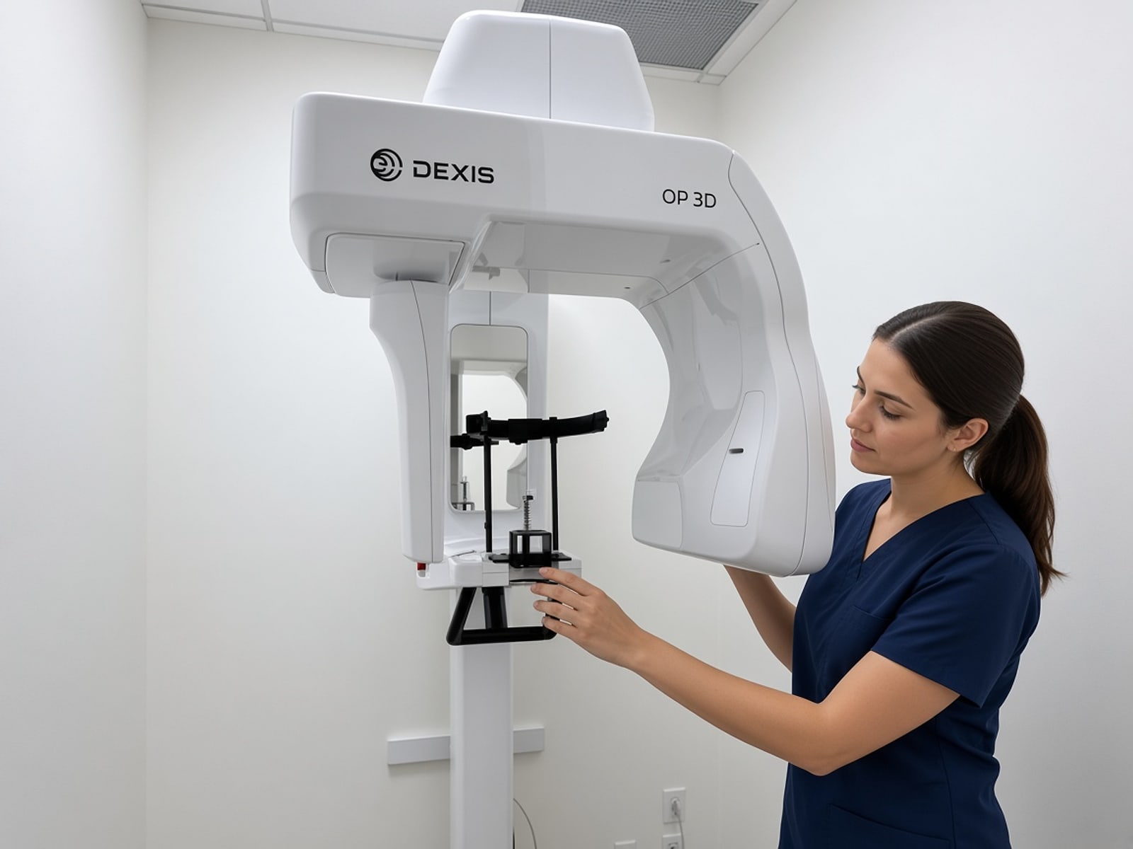 A dental assistant preparing the DEXIS OP3D cephalometric imaging unit at Lawrence Park Dentistry