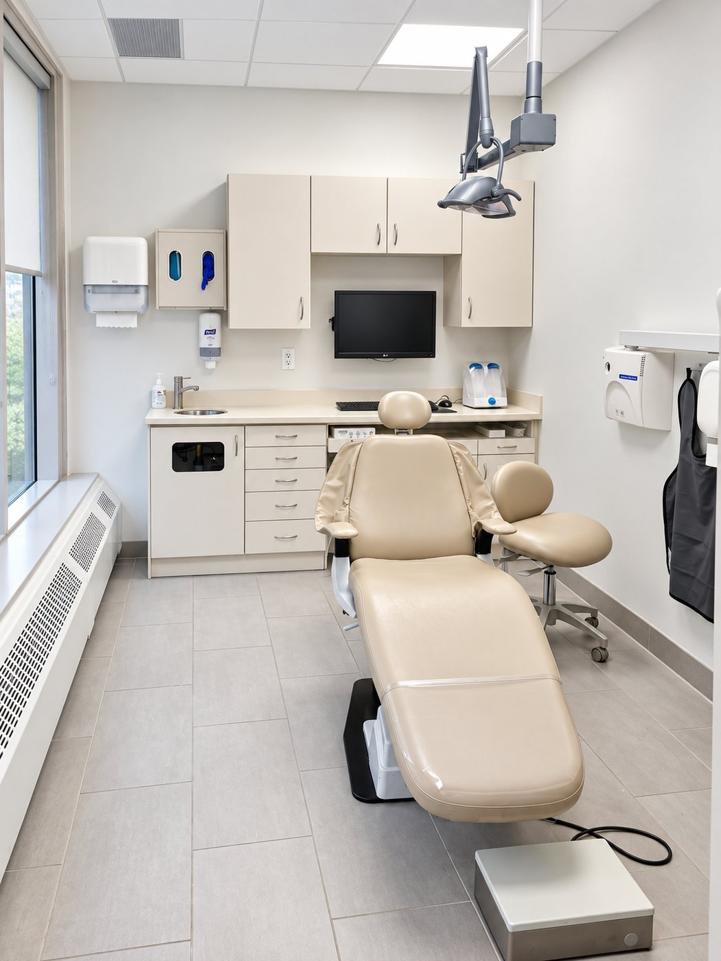 Daylit treatment room at Lawrence Park Dentistry, looking out to leafy Midtown trees
