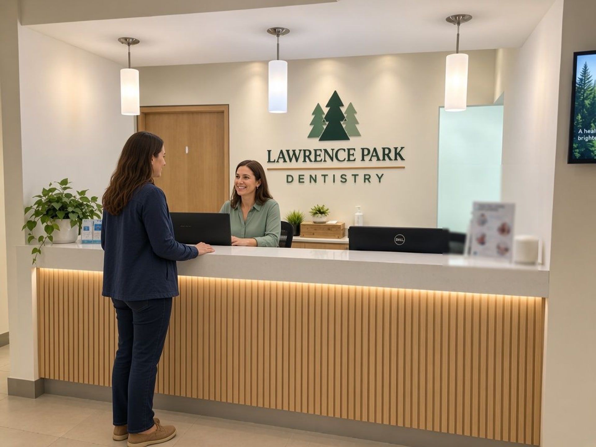A patient checking in with the receptionist at Lawrence Park Dentistry