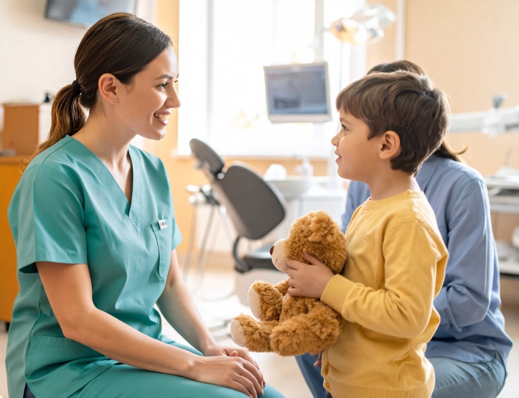 Dental team member greeting a child with a teddy bear at Lawrence Park Dentistry