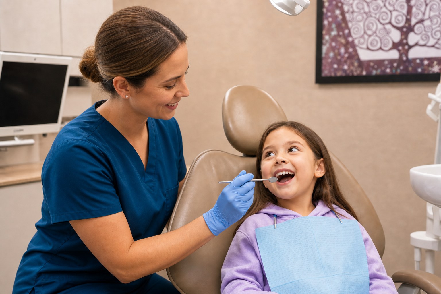 Dental hygienist examining a child at Lawrence Park Dentistry